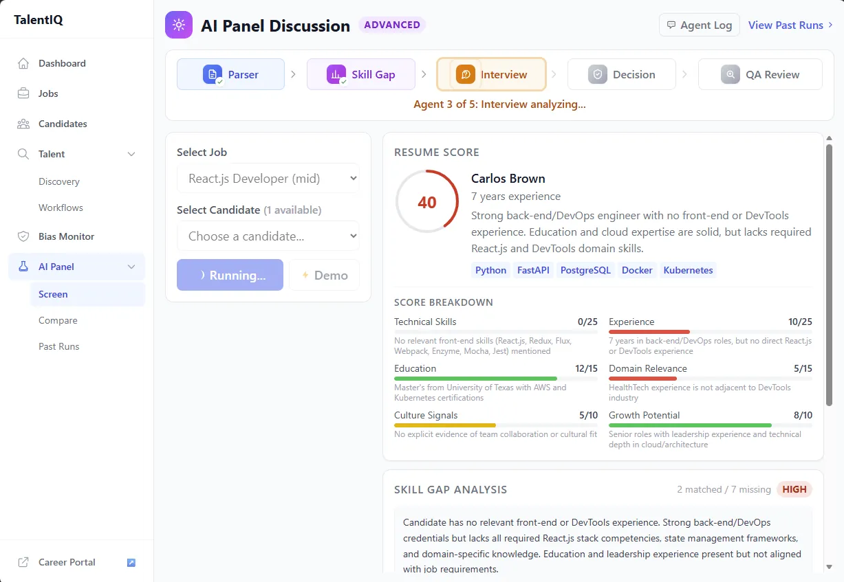 TalentIQ AI panel discussion screen showing parser, skill-gap, interview, decision, and QA review stages.