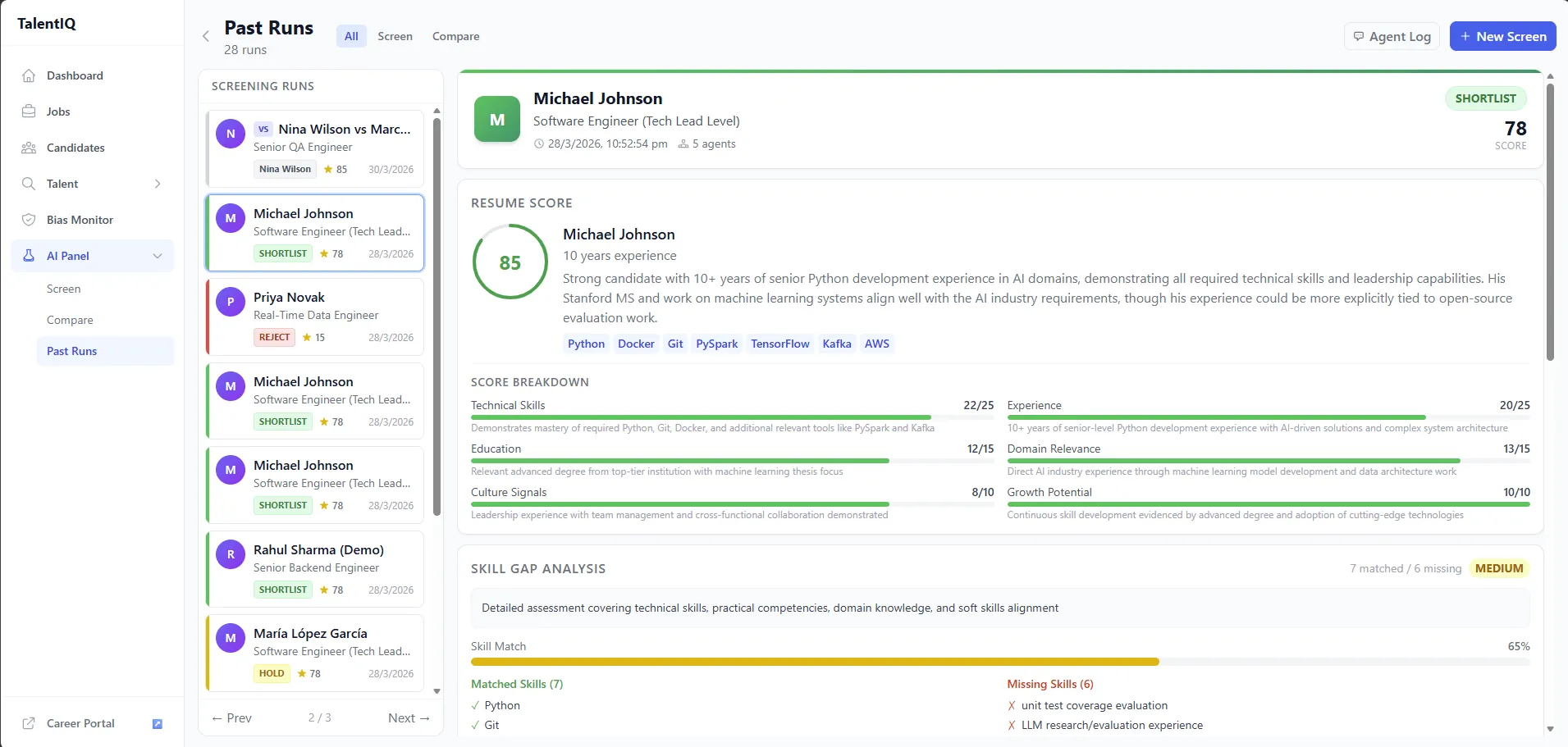 TalentIQ past-runs review screen with score breakdown, matched skills, missing skills, and shortlist status for a candidate.