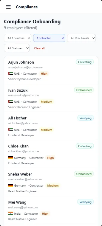 Mobile compliance onboarding experience showing filtered contractor records, status, and workflow controls