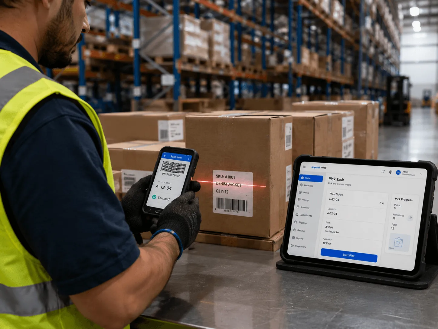 Warehouse operator scanning cartons while a tablet displays the WMS pick workflow.